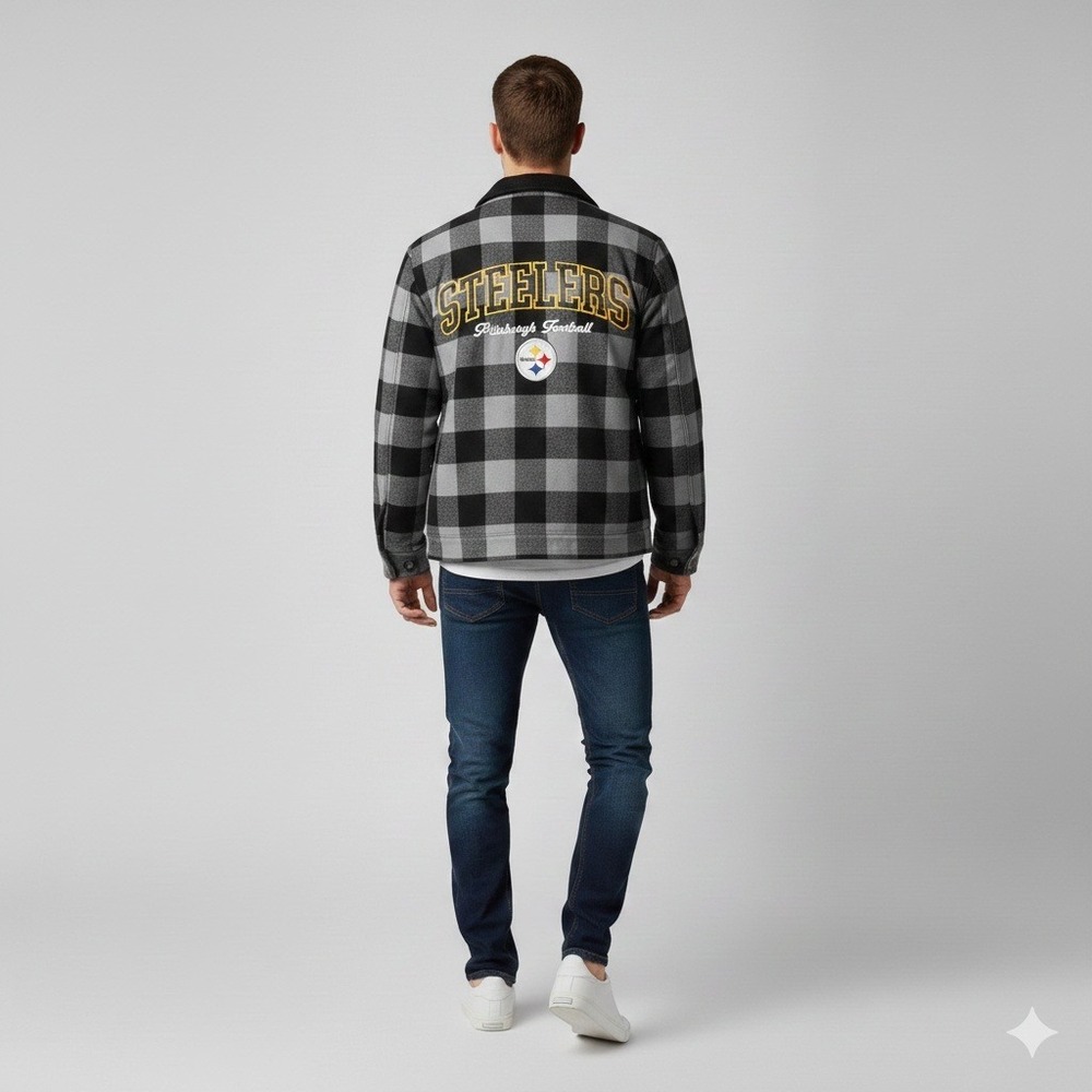 The Wild Collective Pittsburgh Steelers Flannel Quilted Jacket Mens Medium Grey